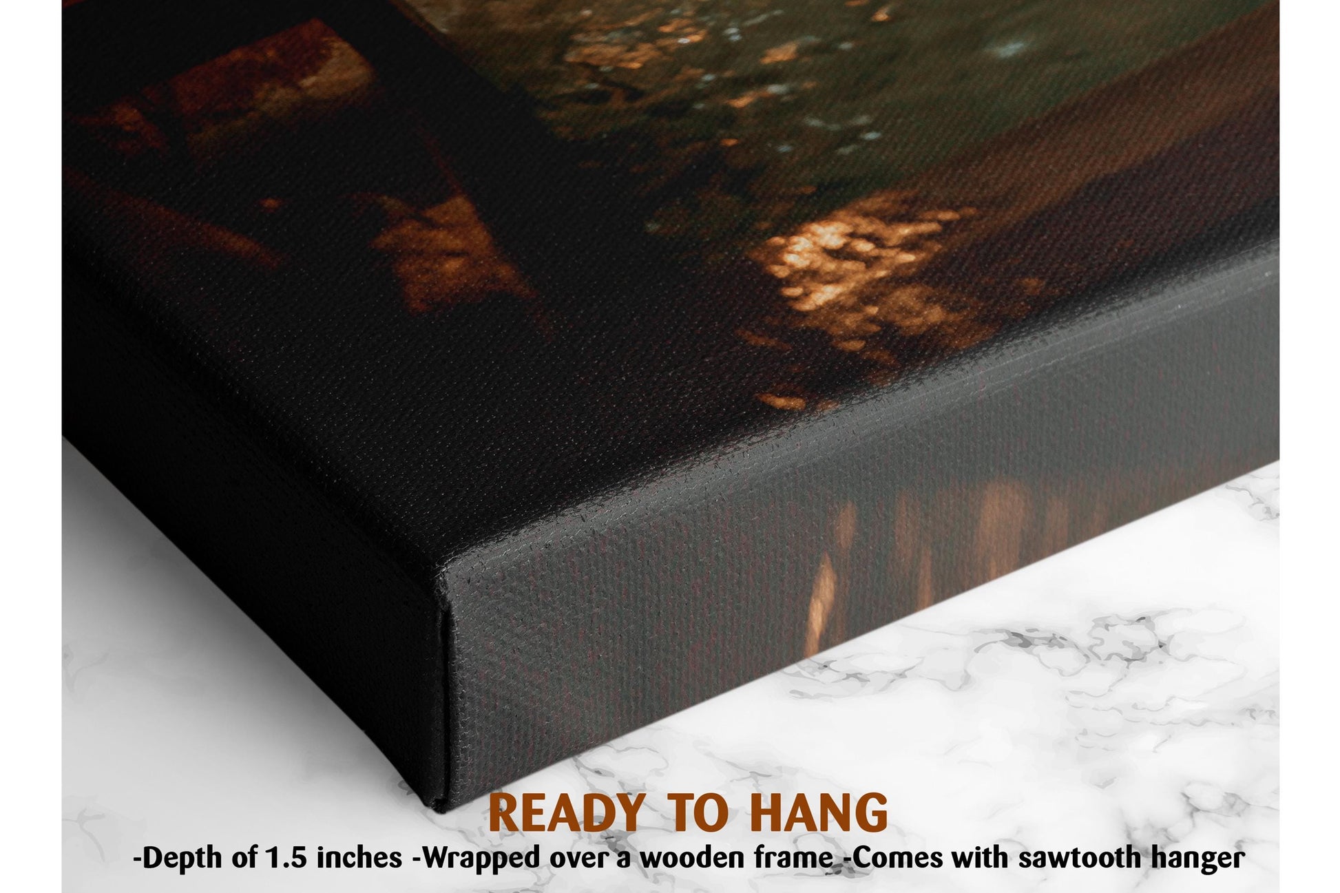 The image is a close-up of a black canvas print with a wooden frame, and it is described as a ready-to-hang print with a depth of 1.5 inches.