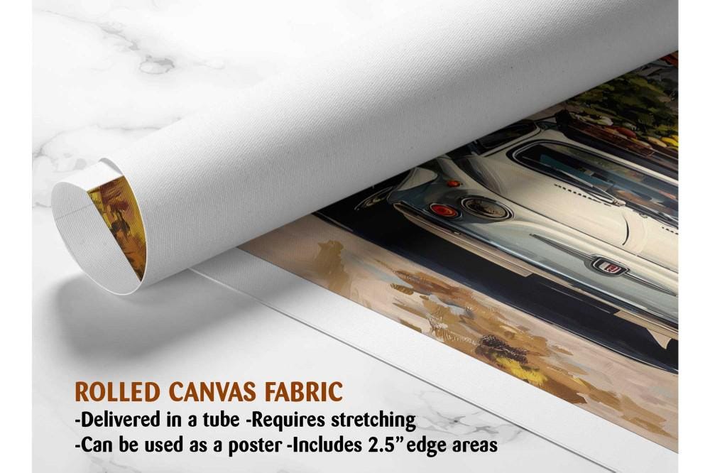 The image is a rolled canvas fabric, which is a type of canvas material used for creating posters or wall art. It is described as a tube-delivered canvas fabric, which means it is delivered in a tube and requires stretching before use. The fabric can be used as a poster and includes a 2.5&quot; edge area.