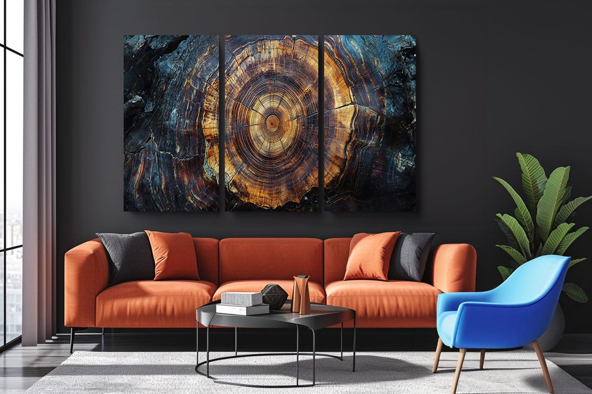 a living room filled with furniture and a painting on the wall