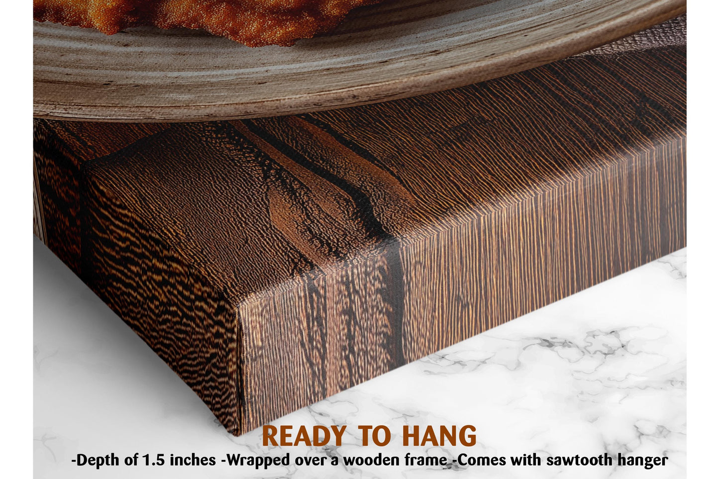 a wooden cutting board with a plate of food on top of it, and there is text indicating that the cutting board is ready to hang.