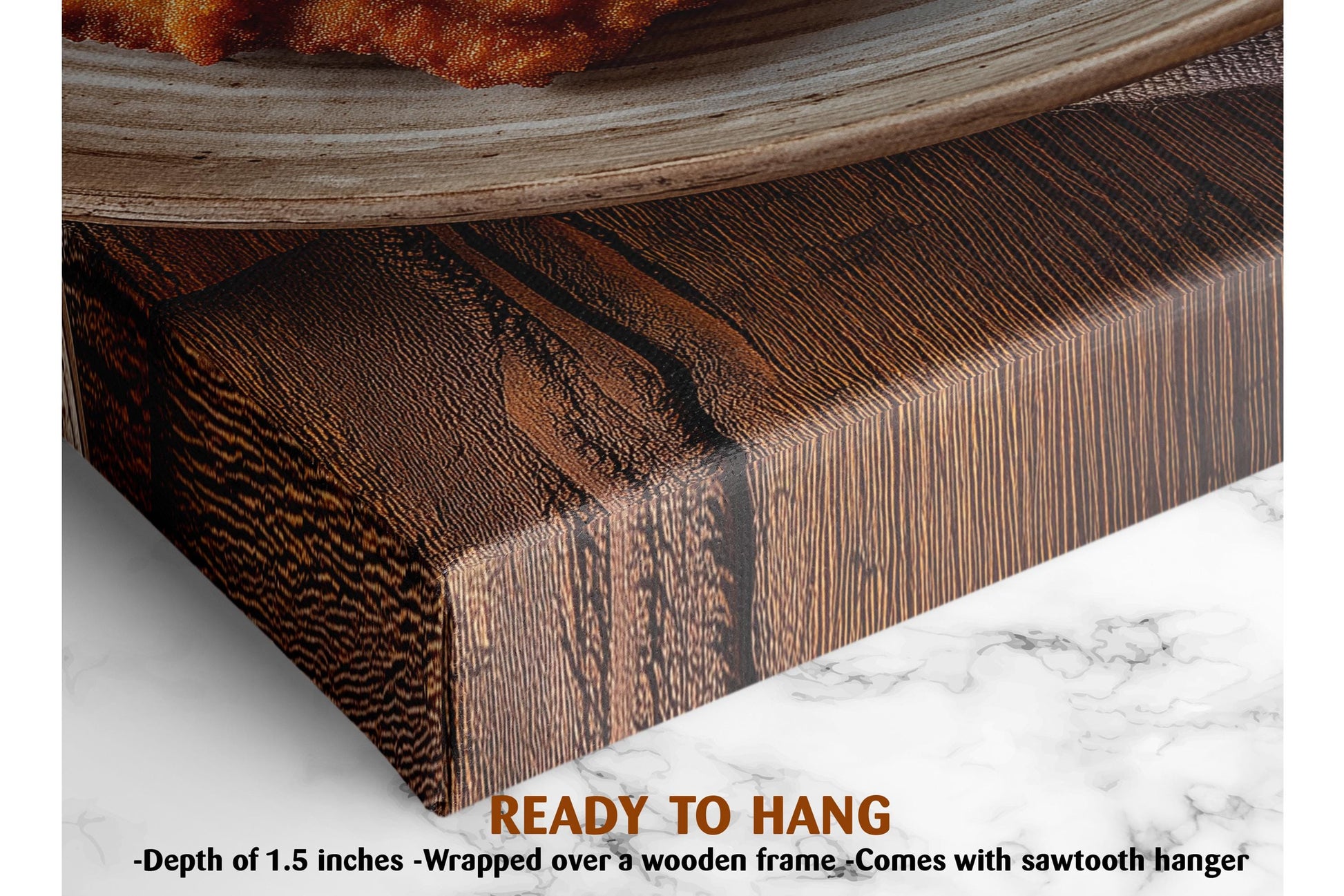 a wooden cutting board with a plate of food on top of it, and there is text indicating that the cutting board is ready to hang.