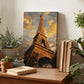 a wooden desk with a painting of the Eiffel Tower in the background, surrounded by potted plants and books.
