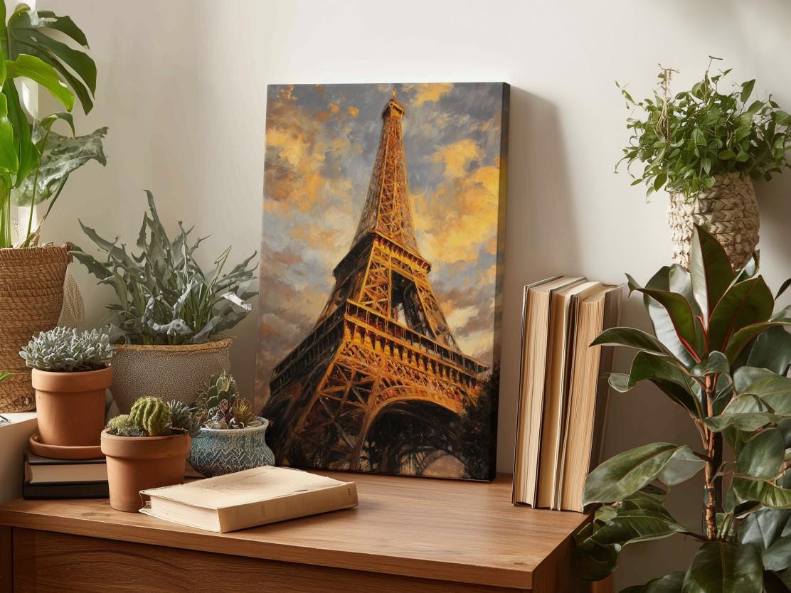 a wooden desk with a painting of the Eiffel Tower in the background, surrounded by potted plants and books.