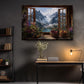 a serene indoor setting with a large painting of a mountain landscape hanging on the wall, depicting a scenic view of snow-capped peaks and a tranquil lake. The painting is surrounded by a variety of books, a vase of flowers, and a desk with a lamp, creating a cozy and inviting atmosphere.