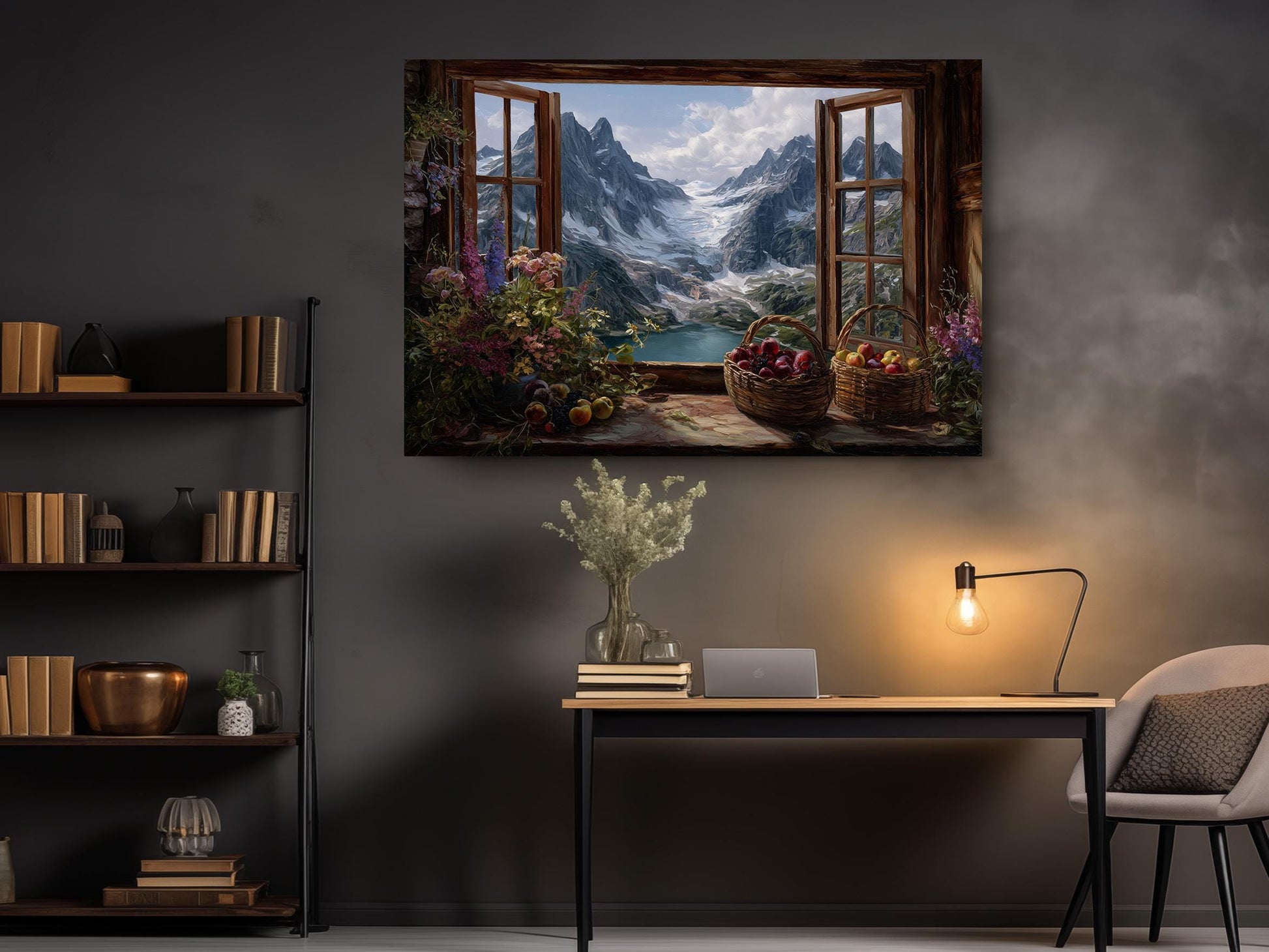 a serene indoor setting with a large painting of a mountain landscape hanging on the wall, depicting a scenic view of snow-capped peaks and a tranquil lake. The painting is surrounded by a variety of books, a vase of flowers, and a desk with a lamp, creating a cozy and inviting atmosphere.