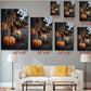 The image is a living room with a white sofa and a coffee table. Above the sofa, there are six framed pictures of pumpkins and gourds, each with a different size and orientation. The pictures are arranged in a grid-like pattern on the wall, creating a visually appealing display.