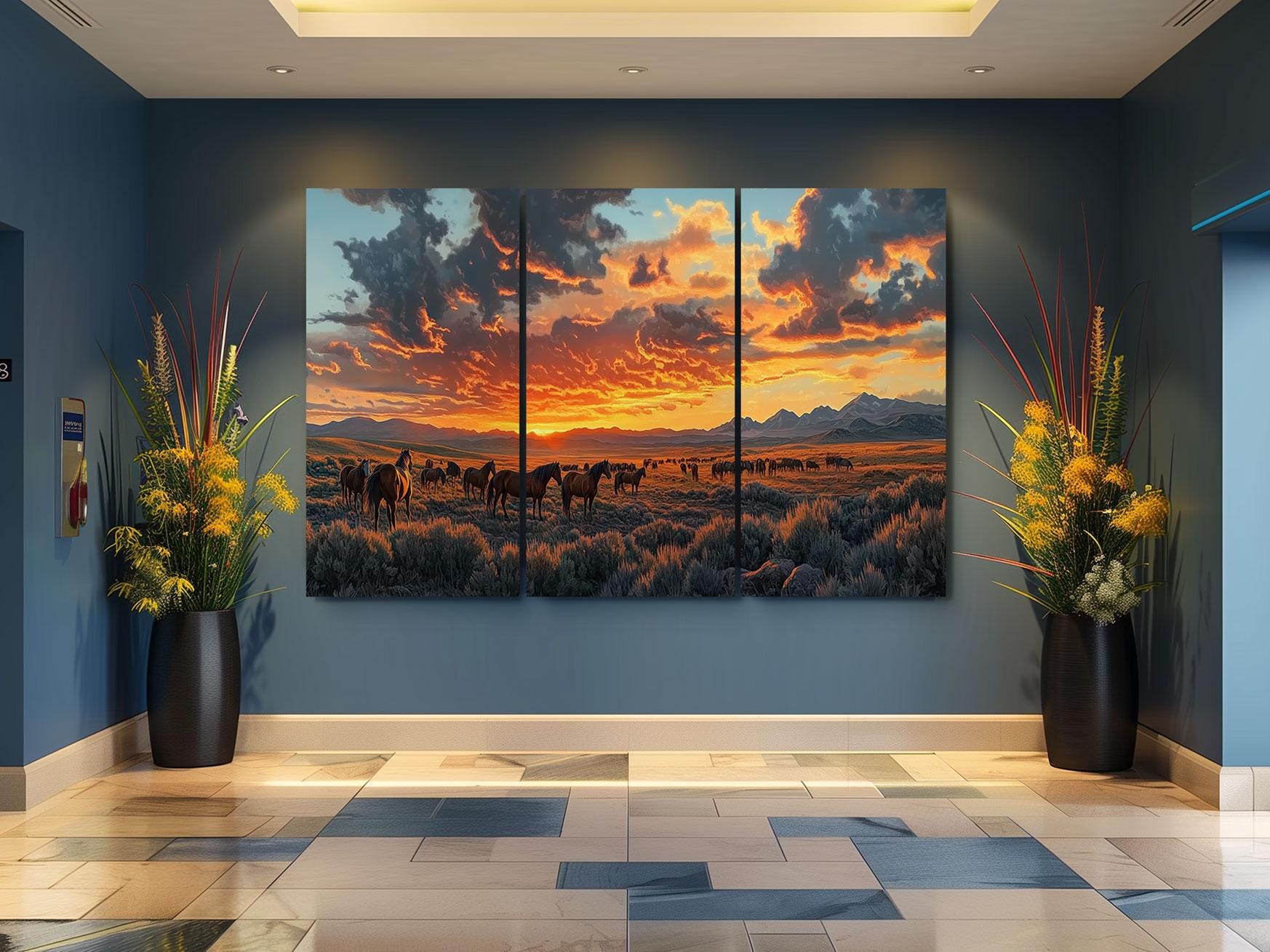 a painting of horses in a field at sunset