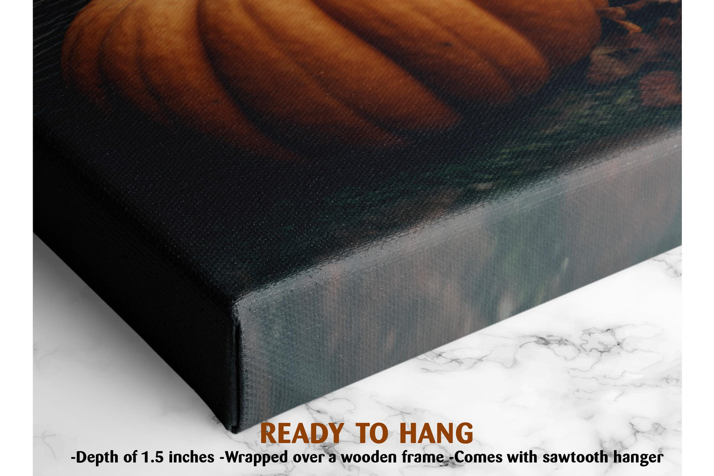 The image is a close-up of a framed print or canvas featuring a close-up of a pumpkin. The print has a textured surface and appears to be a framed artwork.