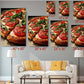 The image is a wall art display featuring multiple photographs of pizzas, each with different sizes and orientations. The wall art is set against a gray wall, and there is a white couch in the foreground.