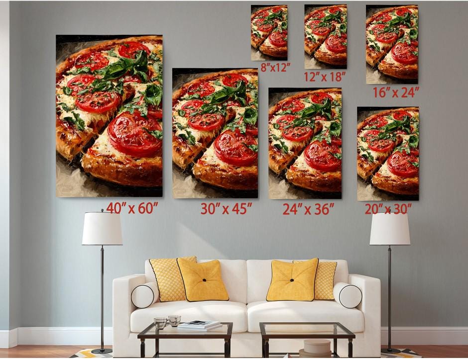 The image is a wall art display featuring multiple photographs of pizzas, each with different sizes and orientations. The wall art is set against a gray wall, and there is a white couch in the foreground.