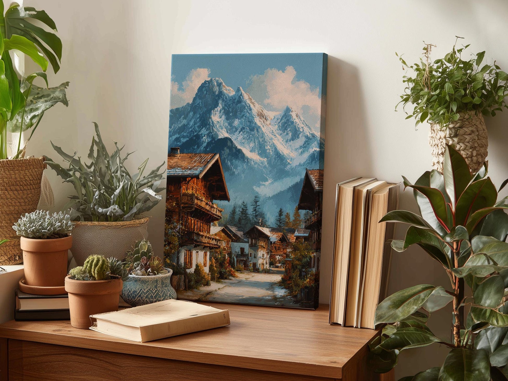 a wooden table with a painting of a mountain village, a stack of books, and several potted plants.