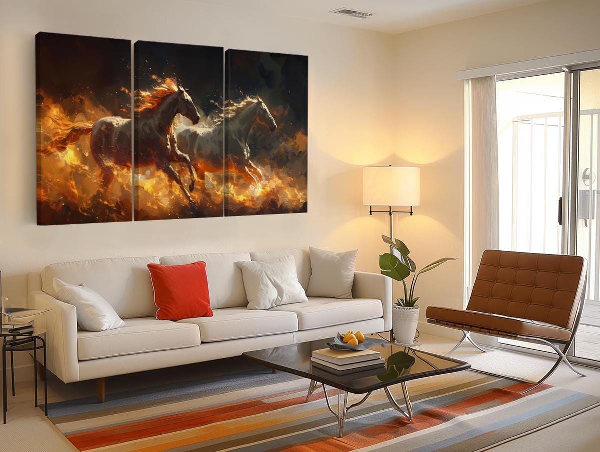 a living room filled with furniture and a painting on the wall
