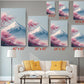 a living room with a white sofa and a coffee table. Above the sofa, there are six framed pictures of mountains with pink flowers, each with a different size and resolution. The pictures are arranged in a grid-like pattern on the wall, with each one having a specific size and resolution indicated below it.