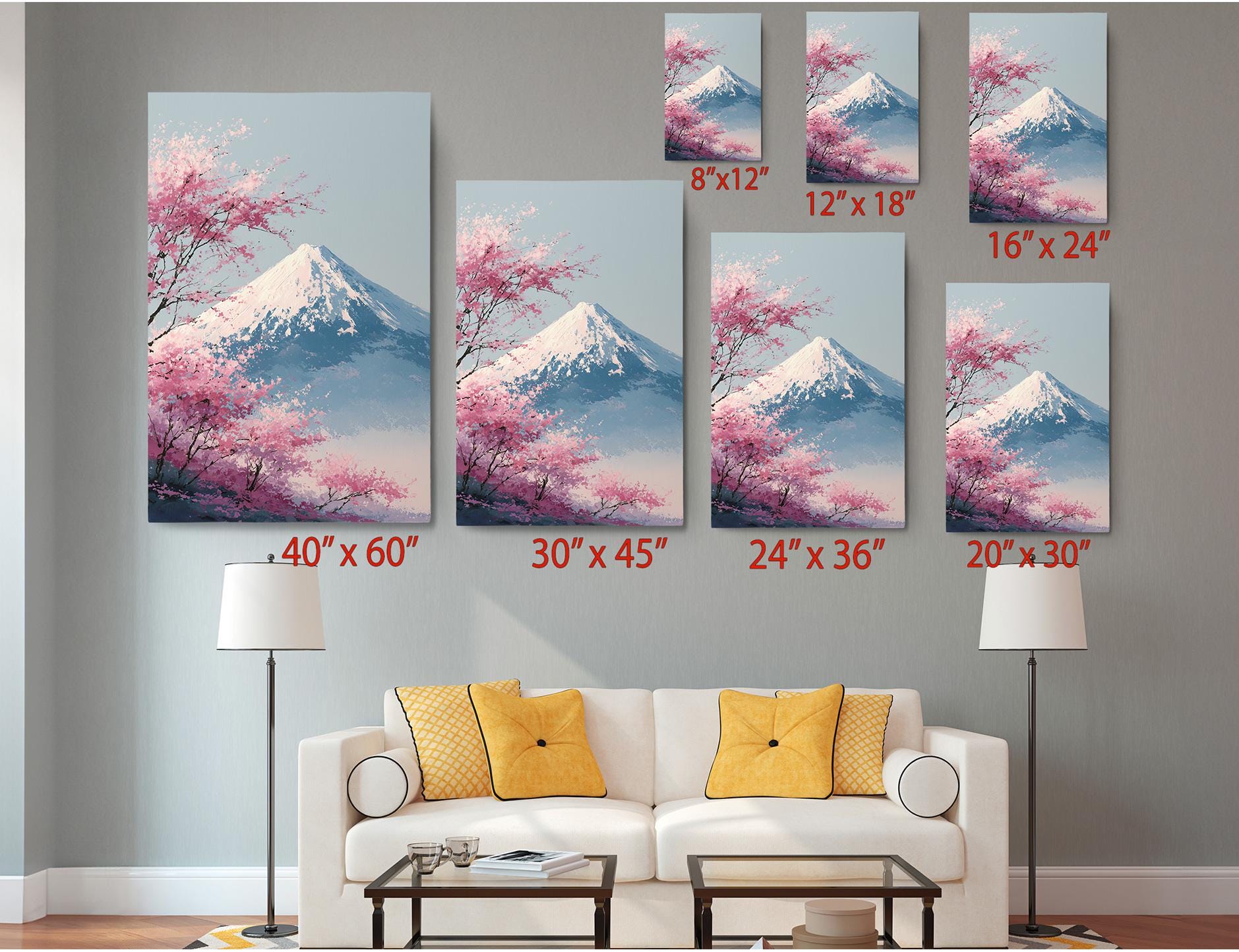 a living room with a white sofa and a coffee table. Above the sofa, there are six framed pictures of mountains with pink flowers, each with a different size and resolution. The pictures are arranged in a grid-like pattern on the wall, with each one having a specific size and resolution indicated below it.
