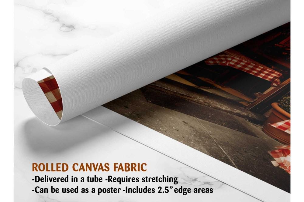 The image is a rolled canvas fabric, which is a type of canvas material used for creating posters, wall art, and other printed materials. It is described as a tube-delivered fabric, which means it is delivered in a tube and requires stretching before use. The fabric can be used as a poster with a 2.5&quot; edge area.