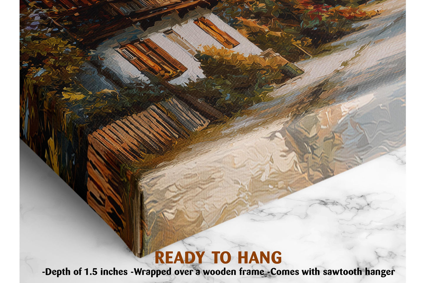 The image is a painting of a house with a wooden frame, and it is ready to hang.