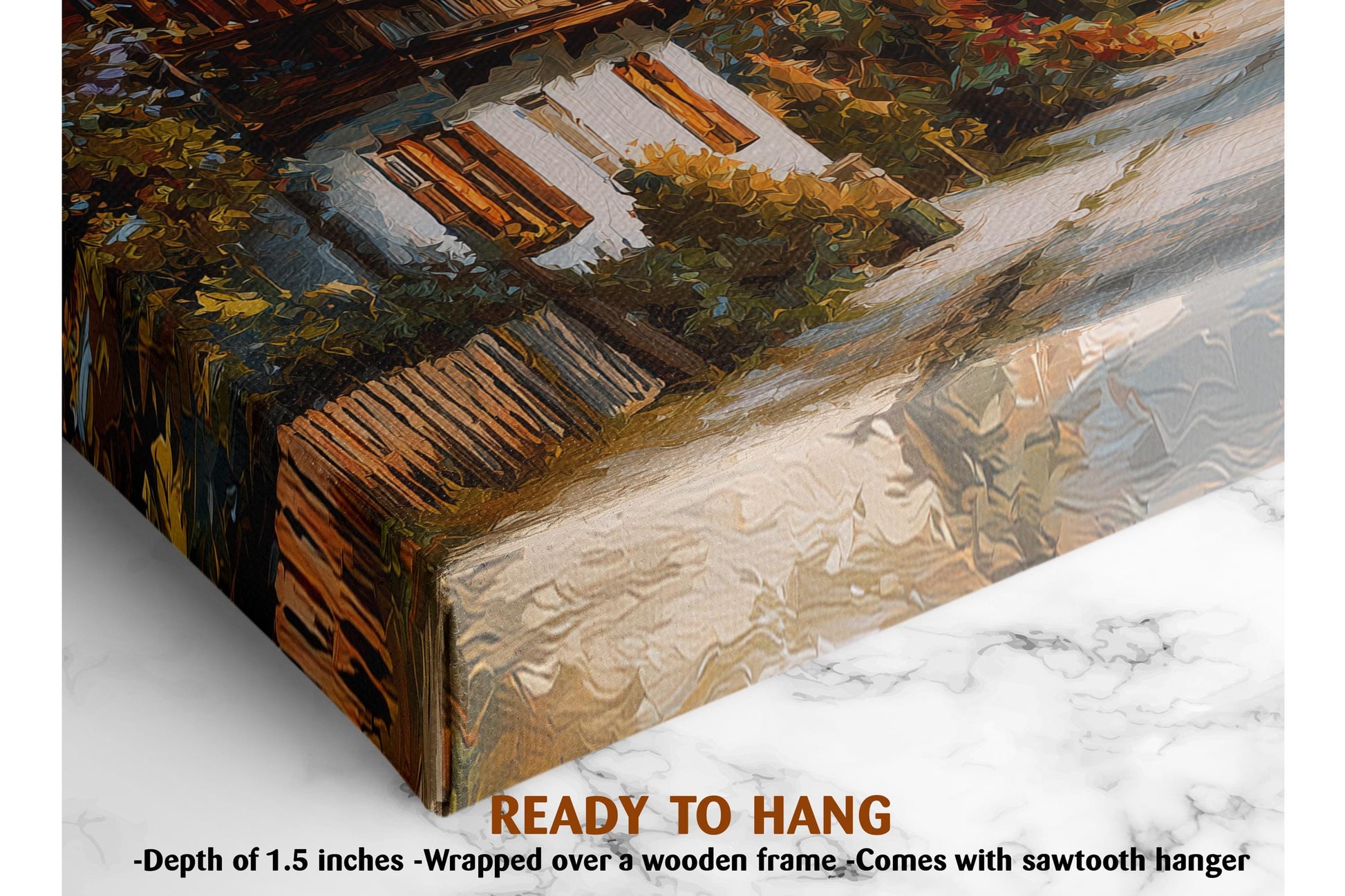 The image is a painting of a house with a wooden frame, and it is ready to hang.