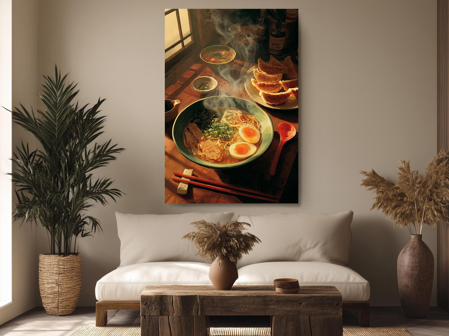 a cozy living room with a large bowl of ramen noodles, a plate of eggs, and a bowl of soup on a wooden table. The room is decorated with potted plants, a vase, and a wooden coffee table.