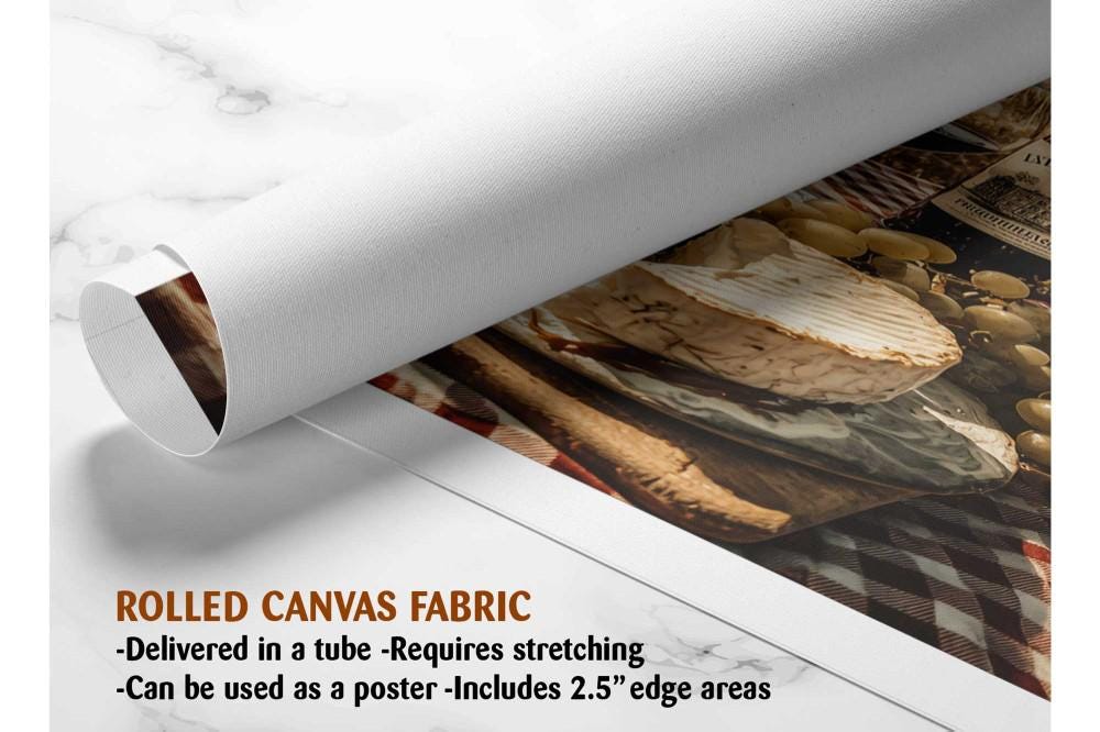 The image is a rolled canvas fabric, which is a type of canvas material used for creating posters or wall art. It is described as a tube-delivered fabric, which means it is delivered in a tube and requires stretching before use. The fabric can be used as a poster and includes a 2.5&quot; edge area.