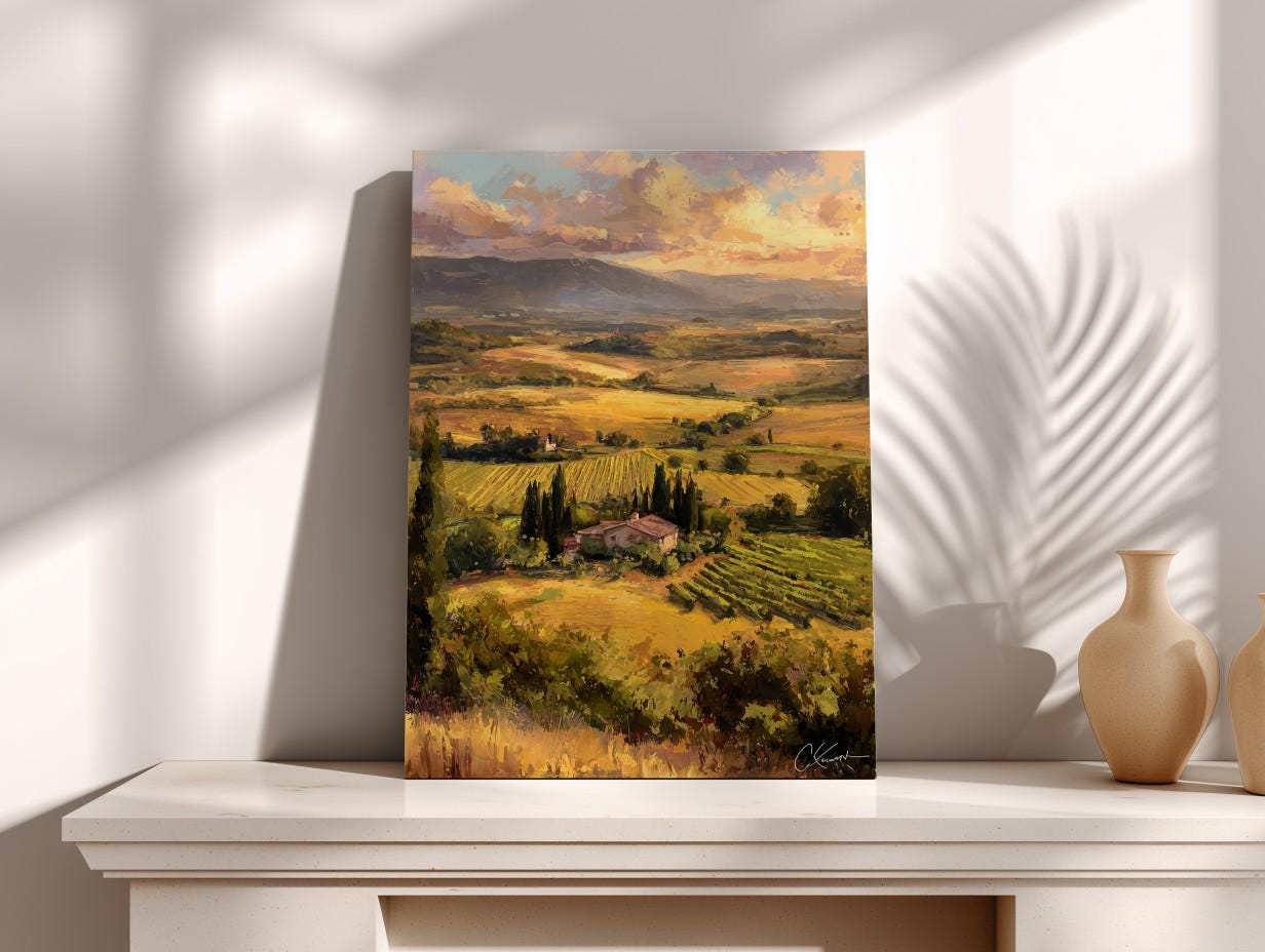 a painting of a picturesque countryside landscape, with rolling hills, vineyards, and a small village nestled among the greenery. The painting is displayed on a white shelf, with two vases placed to the right of it.