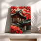 a traditional Korean house with a red roof and red leaves on the trees, creating a vibrant and colorful scene.