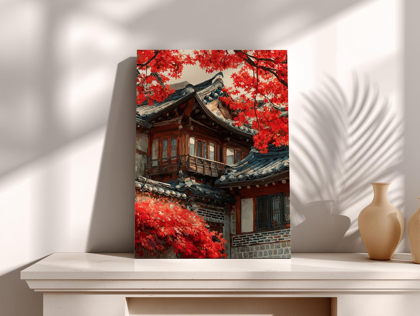 a traditional Korean house with a red roof and red leaves on the trees, creating a vibrant and colorful scene.