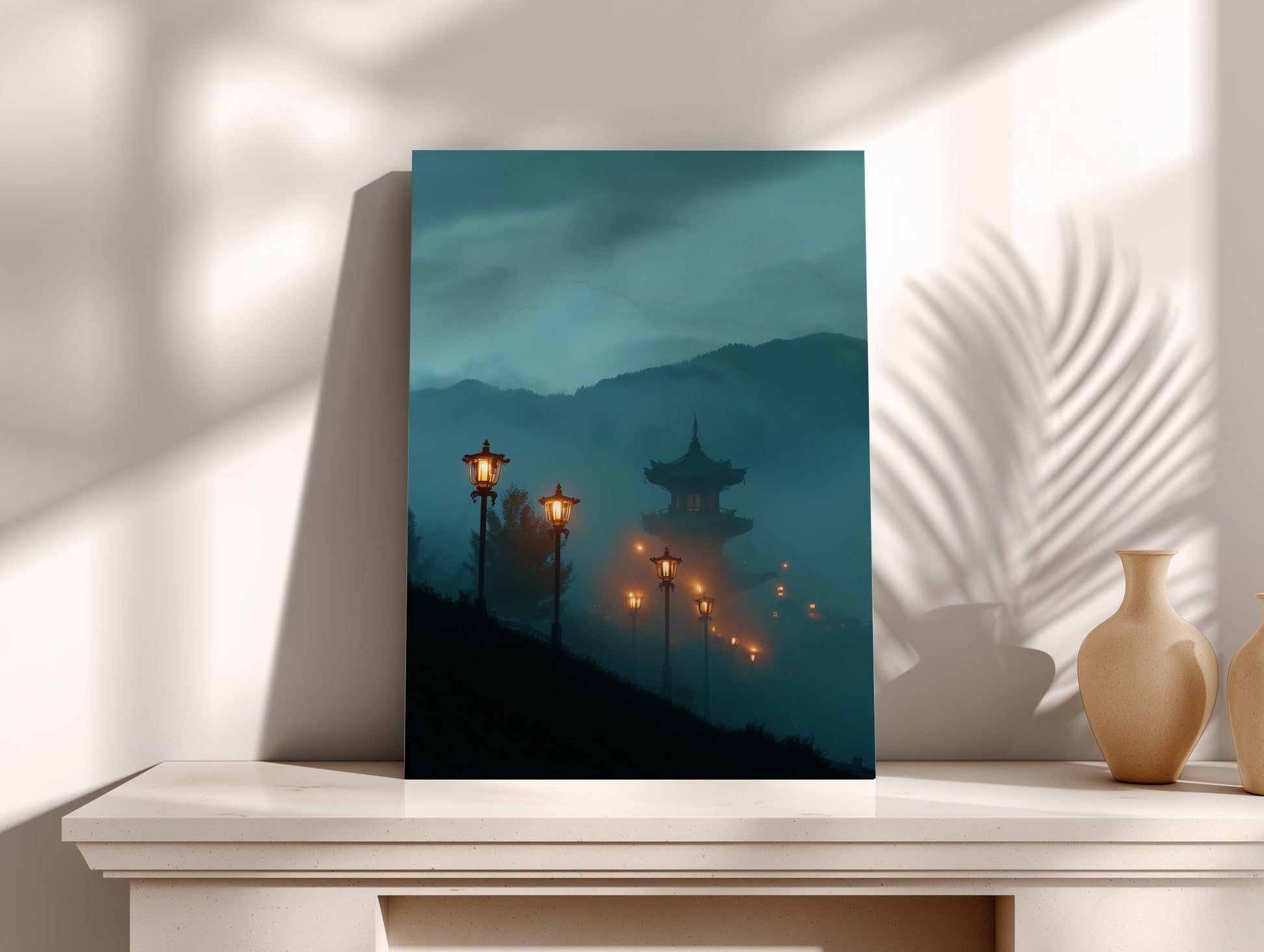 a serene night scene with a temple illuminated by warm lights, set against a backdrop of misty mountains.