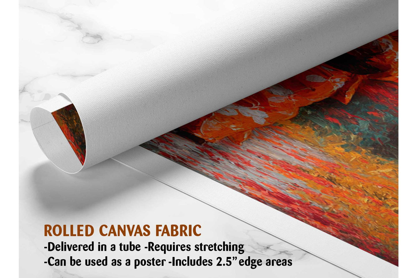 The image is a rolled canvas fabric, which is a type of canvas material used for painting or printing. It is described as a tube-delivered canvas fabric, which means it is delivered in a tube and requires stretching before use. It can be used as a poster with a 2.5&quot; edge area.