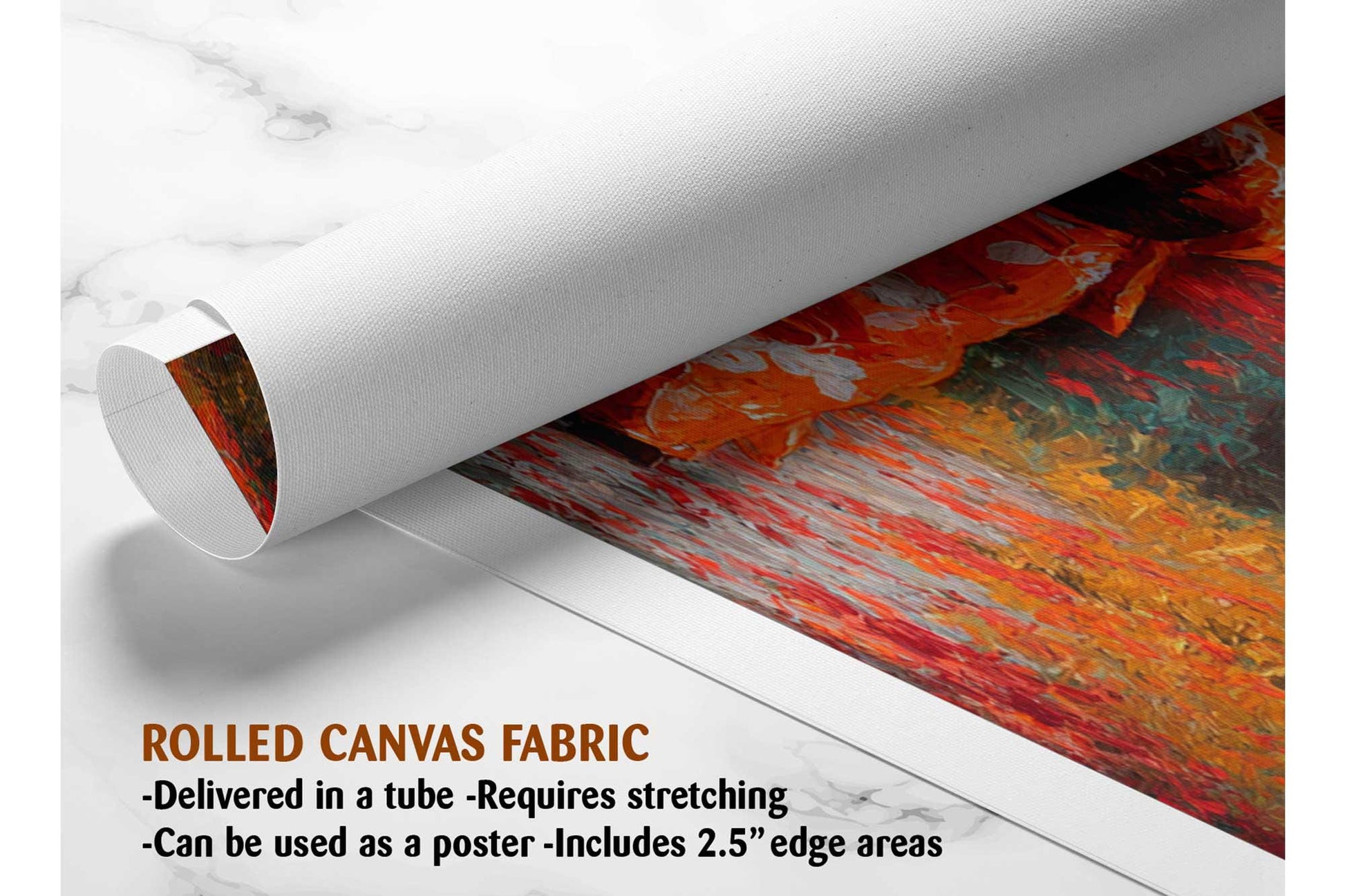 The image is a rolled canvas fabric, which is a type of canvas material used for painting or printing. It is described as a tube-delivered canvas fabric, which means it is delivered in a tube and requires stretching before use. It can be used as a poster with a 2.5&quot; edge area.