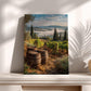 a picturesque vineyard with rolling hills, lush greenery, and rows of barrels, creating a rustic and charming scene.