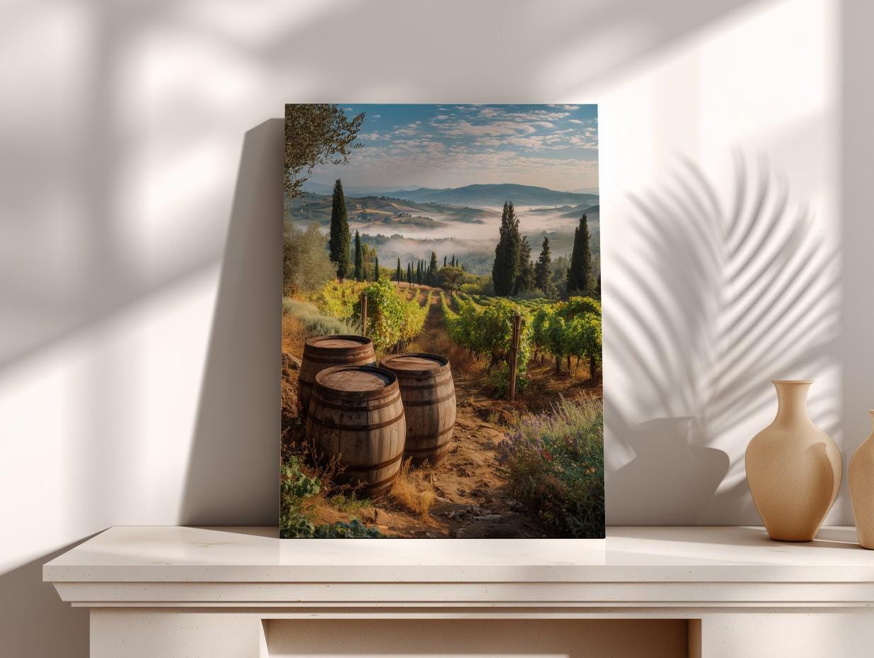 a picturesque vineyard with rolling hills, lush greenery, and rows of barrels, creating a rustic and charming scene.