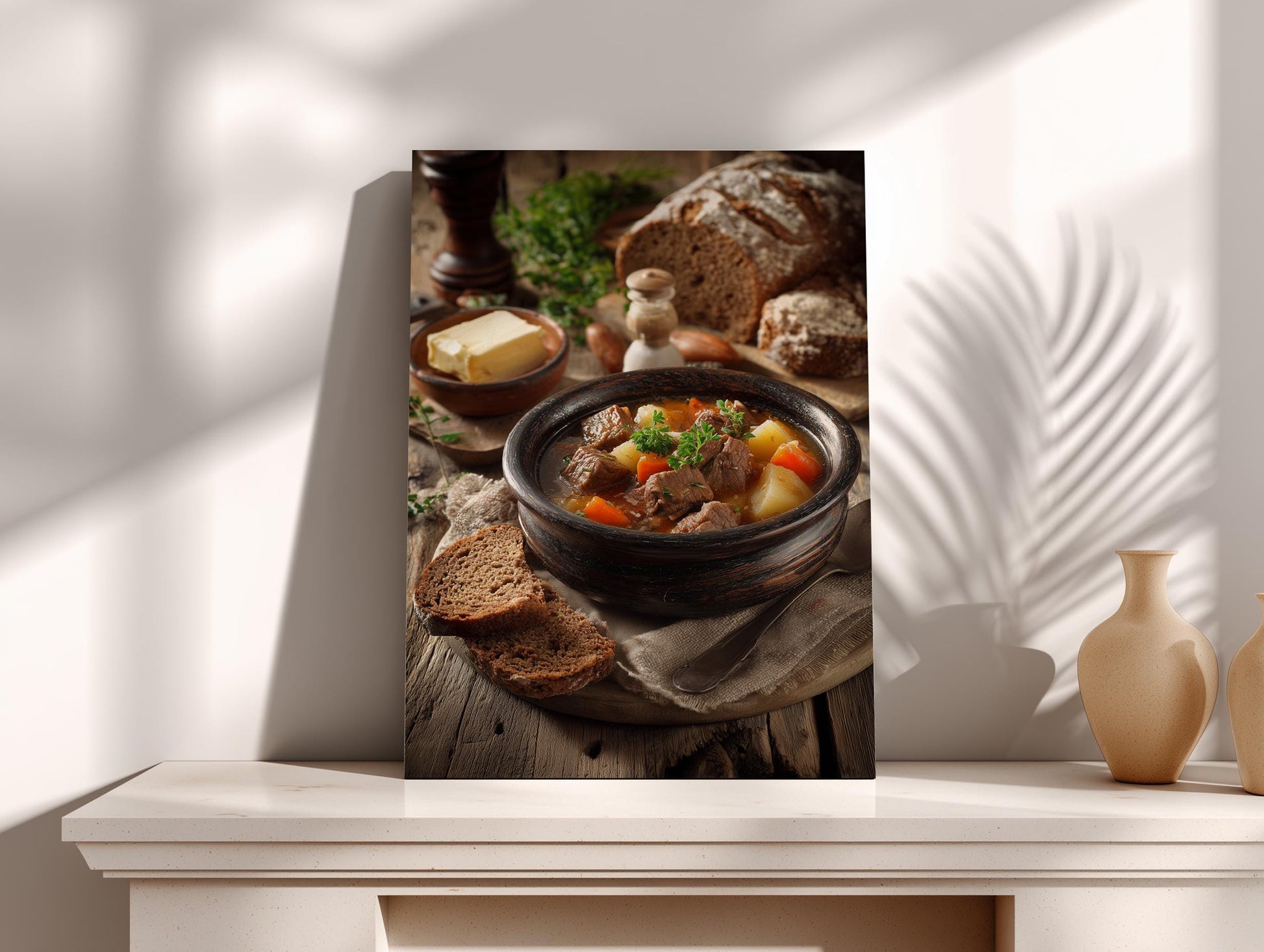 a hearty stew served in a rustic bowl, accompanied by a loaf of bread and a variety of vegetables, all set on a wooden table.