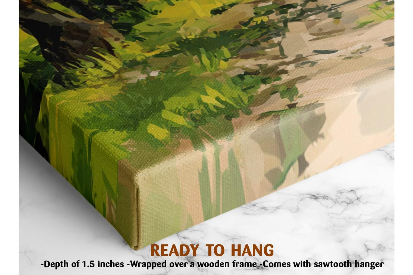 The image is a close-up of a canvas print featuring a vibrant, abstract painting of green and brown foliage. The print is described as a &quot;Ready to Hang&quot; and is framed by a wooden frame. The print is described as having a depth of 1.5 inches and is wrapped over a wooden frame. It is also noted that the print comes with a sawtooth hanger.