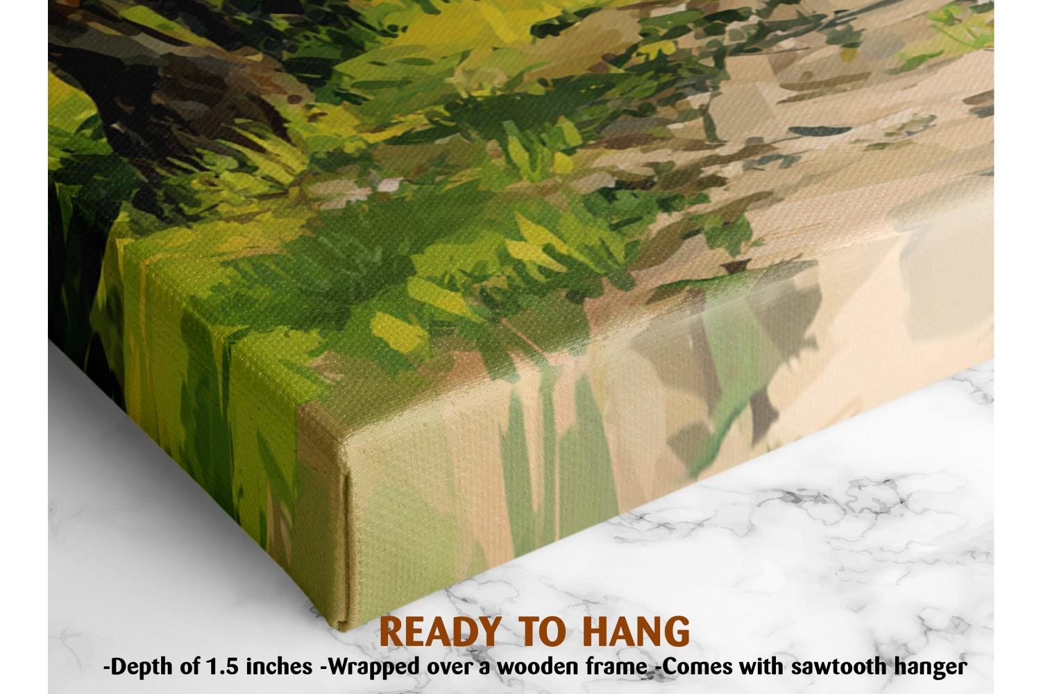 The image is a close-up of a canvas print featuring a vibrant, abstract painting of green and brown foliage. The print is described as a &quot;Ready to Hang&quot; and is framed by a wooden frame. The print is described as having a depth of 1.5 inches and is wrapped over a wooden frame. It is also noted that the print comes with a sawtooth hanger.