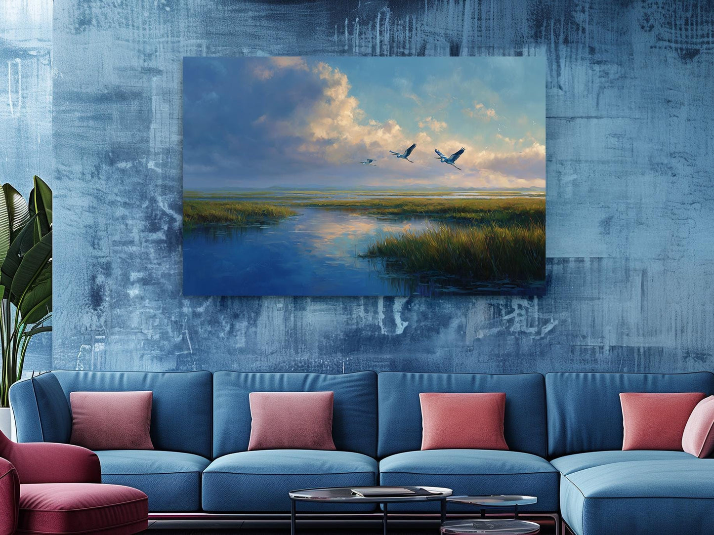 a large blue sofa with red throw pillows, positioned in front of a wall with a painting depicting a serene landscape with two birds flying over a body of water.