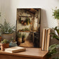a cozy kitchen scene with hanging pots and pans, surrounded by lush greenery and potted plants. A painting of a kitchen is displayed on a wooden shelf, and a stack of books is placed nearby.