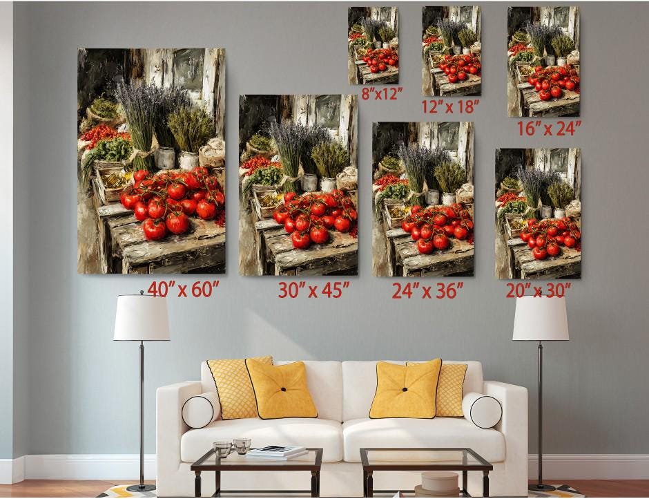 The image is a living room with a white couch and a coffee table. Above the couch, there are six framed images of tomatoes displayed on a wall, each with a different size and resolution. The images are arranged in a grid pattern, with the largest one at the top and the smallest at the bottom. The images show various sizes of tomatoes, with some being larger than others, and the resolution of the images varies, ranging from smaller to larger.