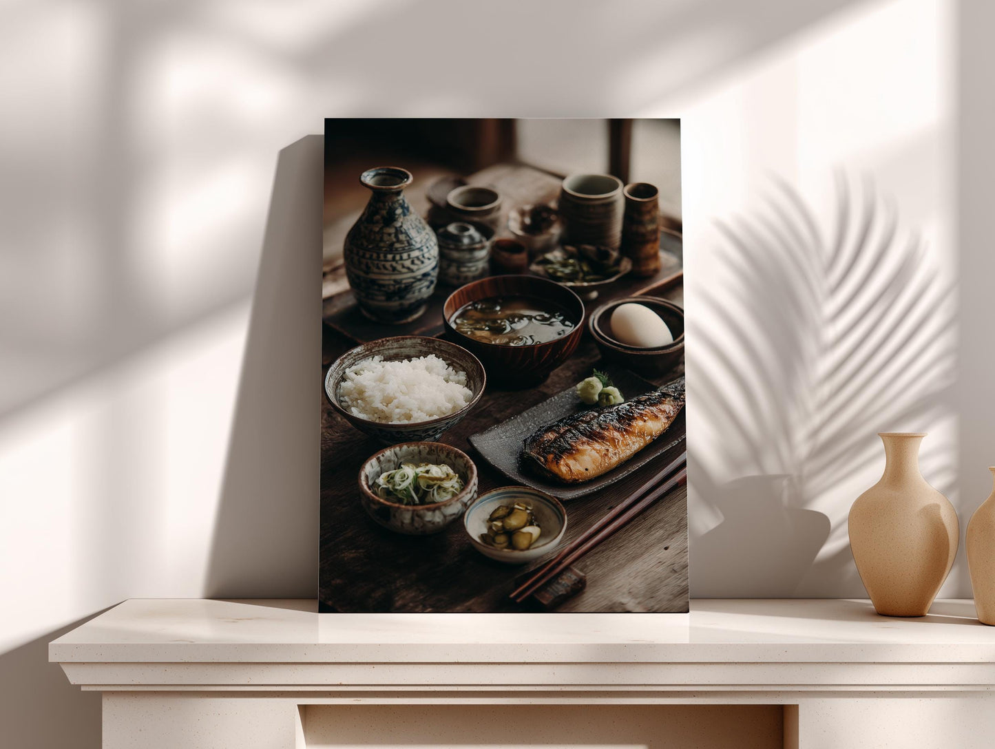 a traditional Japanese meal, featuring a variety of dishes such as rice, soup, and grilled fish, arranged on a wooden table.