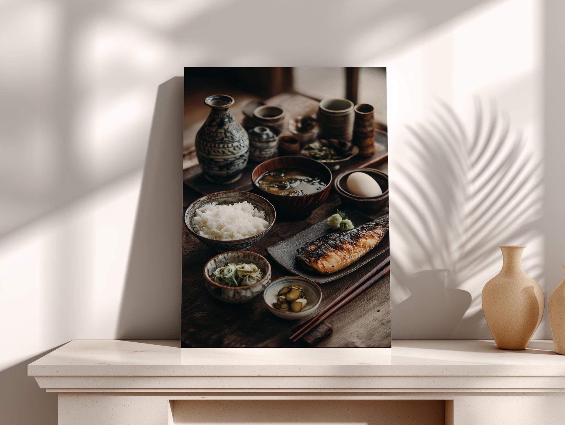 a traditional Japanese meal, featuring a variety of dishes such as rice, soup, and grilled fish, arranged on a wooden table.