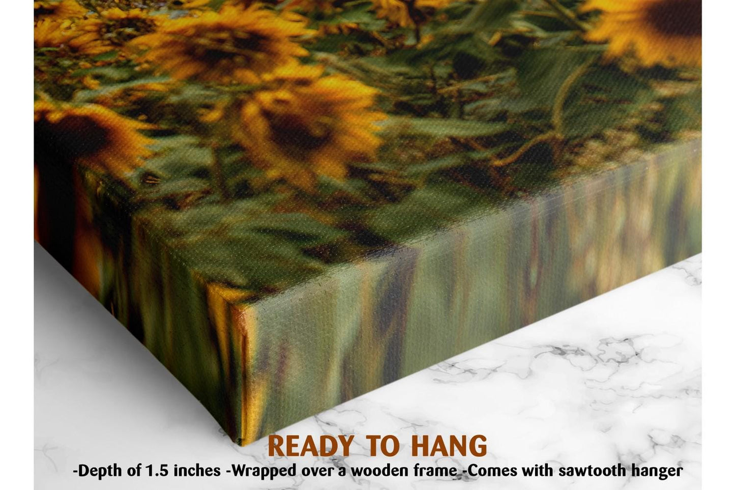 The image is a close-up of a canvas print featuring a vibrant display of sunflowers. The print is described as a &quot;Ready to Hang&quot; and is framed by a wooden frame. The print is described as having a depth of 1.5 inches and is wrapped over a wooden frame. It is also noted that the print comes with a sawtooth hanger.