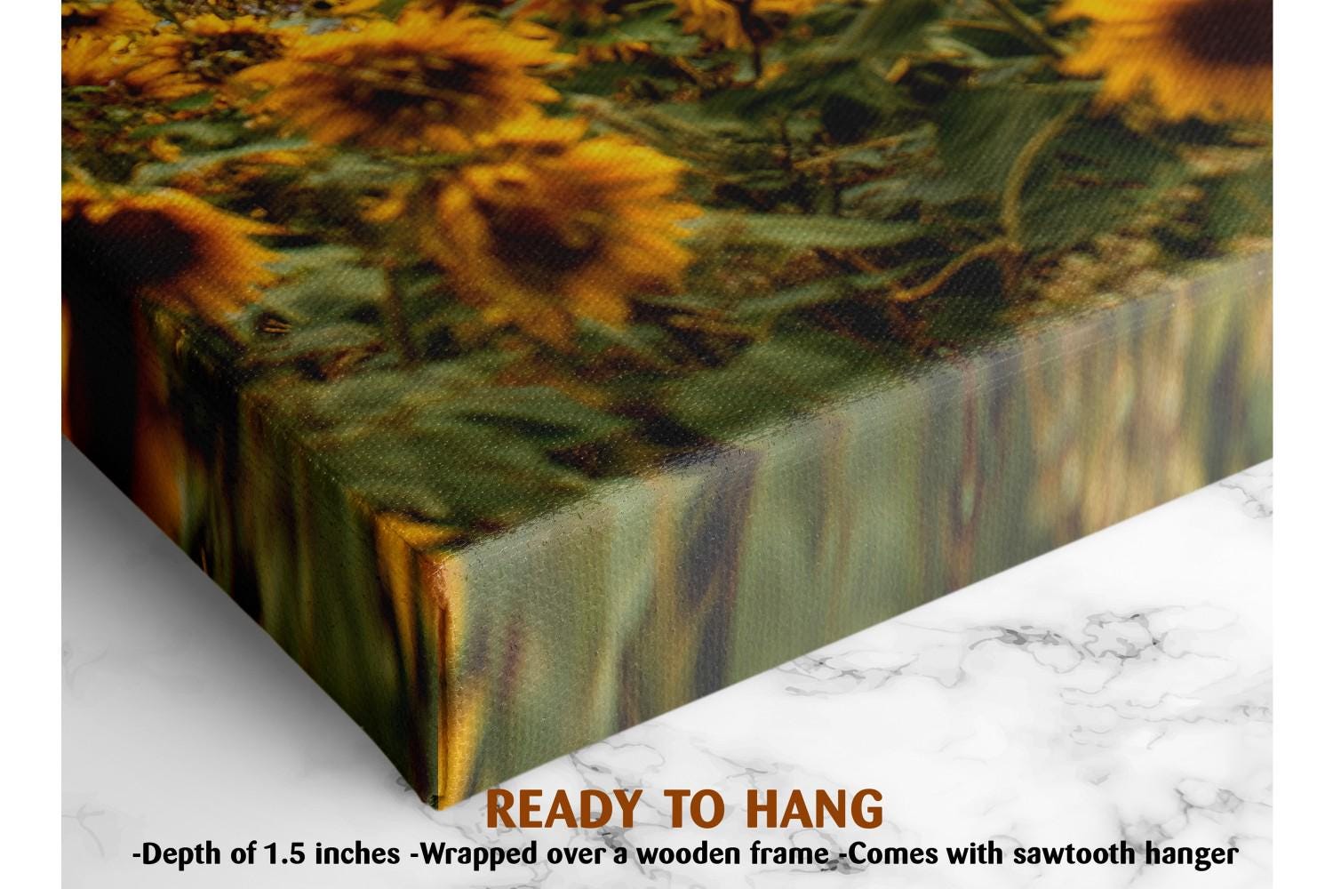 The image is a close-up of a canvas print featuring a vibrant display of sunflowers. The print is described as a &quot;Ready to Hang&quot; and is framed by a wooden frame. The print is described as having a depth of 1.5 inches and is wrapped over a wooden frame. It is also noted that the print comes with a sawtooth hanger.