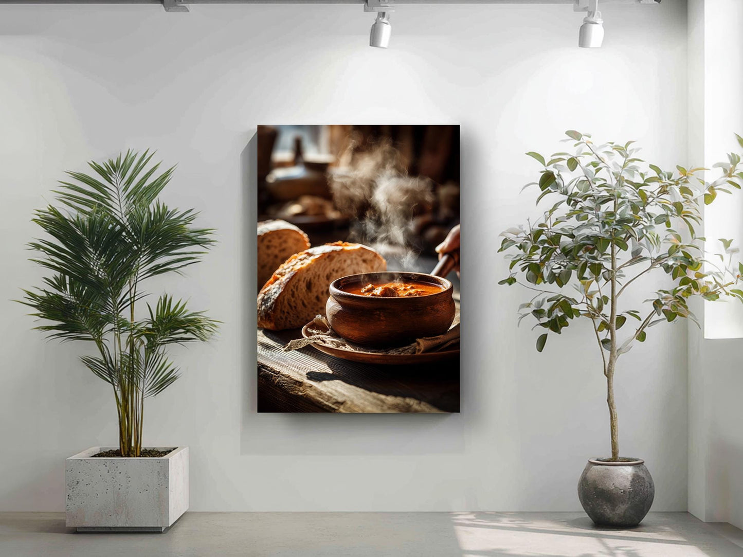 a cozy indoor setting with a wooden table displaying a bowl of food, a loaf of bread, and a potted plant.