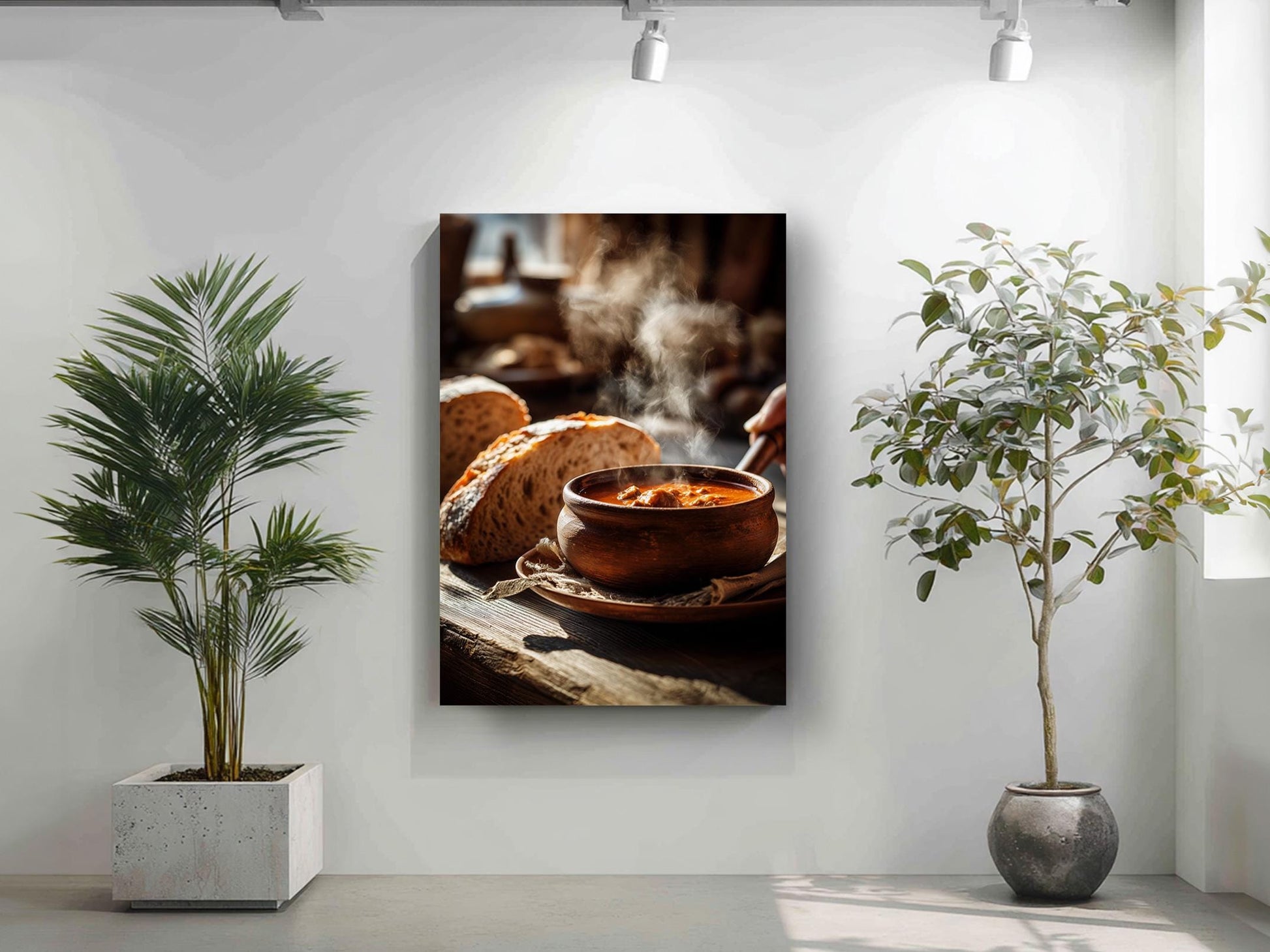 a cozy indoor setting with a wooden table displaying a bowl of food, a loaf of bread, and a potted plant.