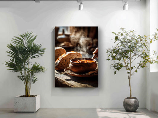 a cozy indoor setting with a wooden table displaying a bowl of food, a loaf of bread, and a potted plant.