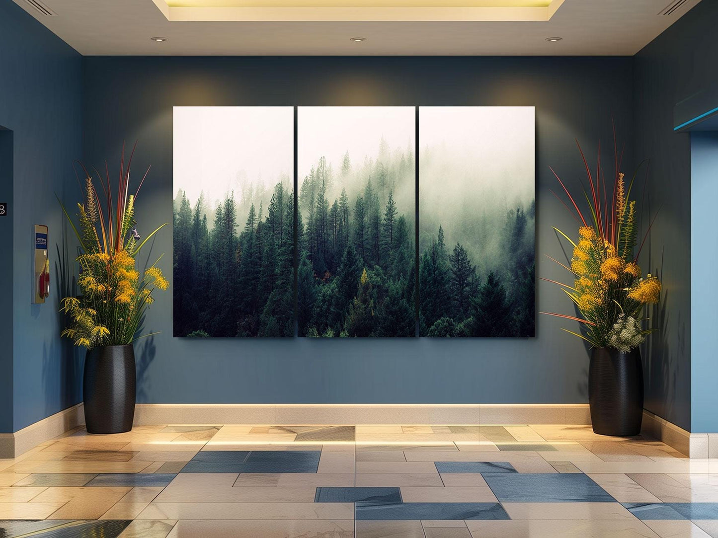 a room with two large paintings on the wall