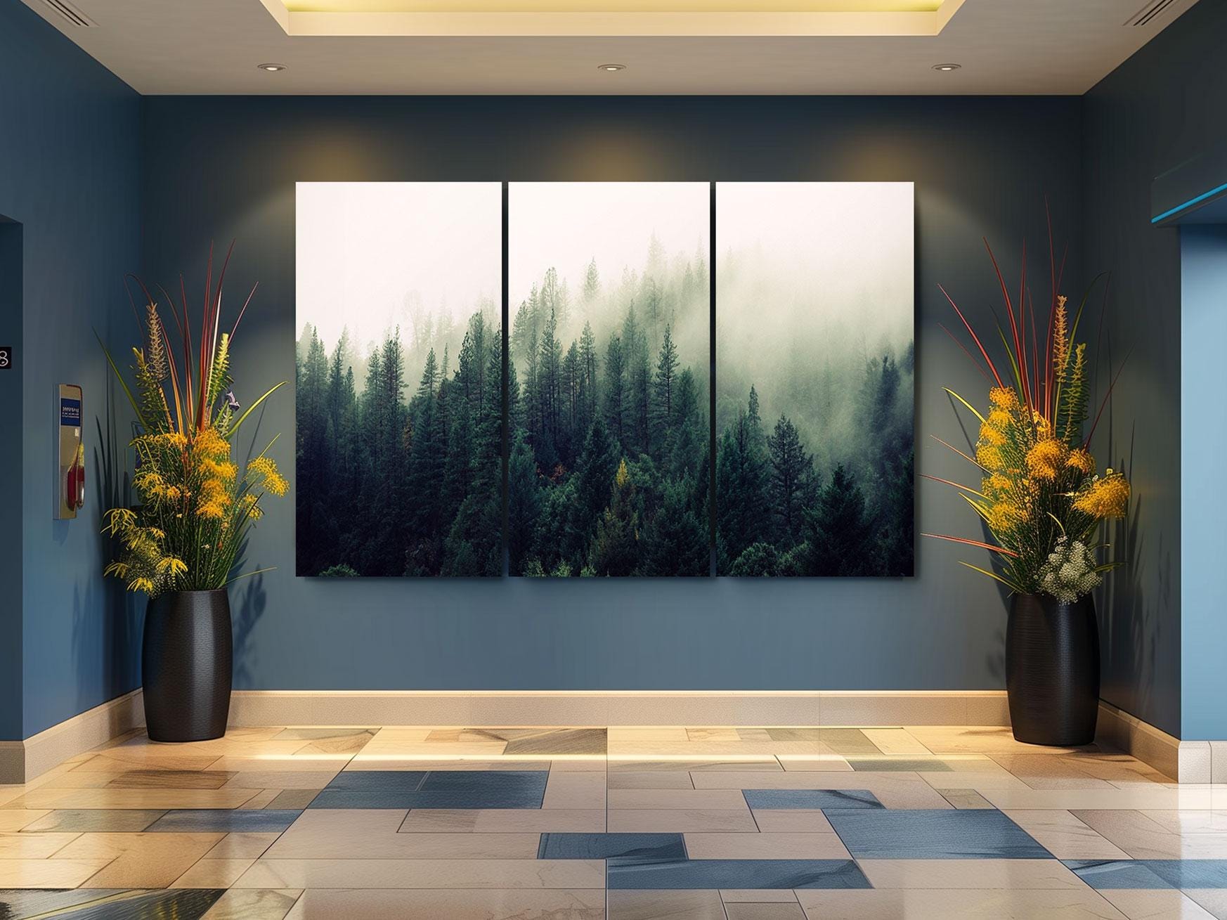 a room with two large paintings on the wall