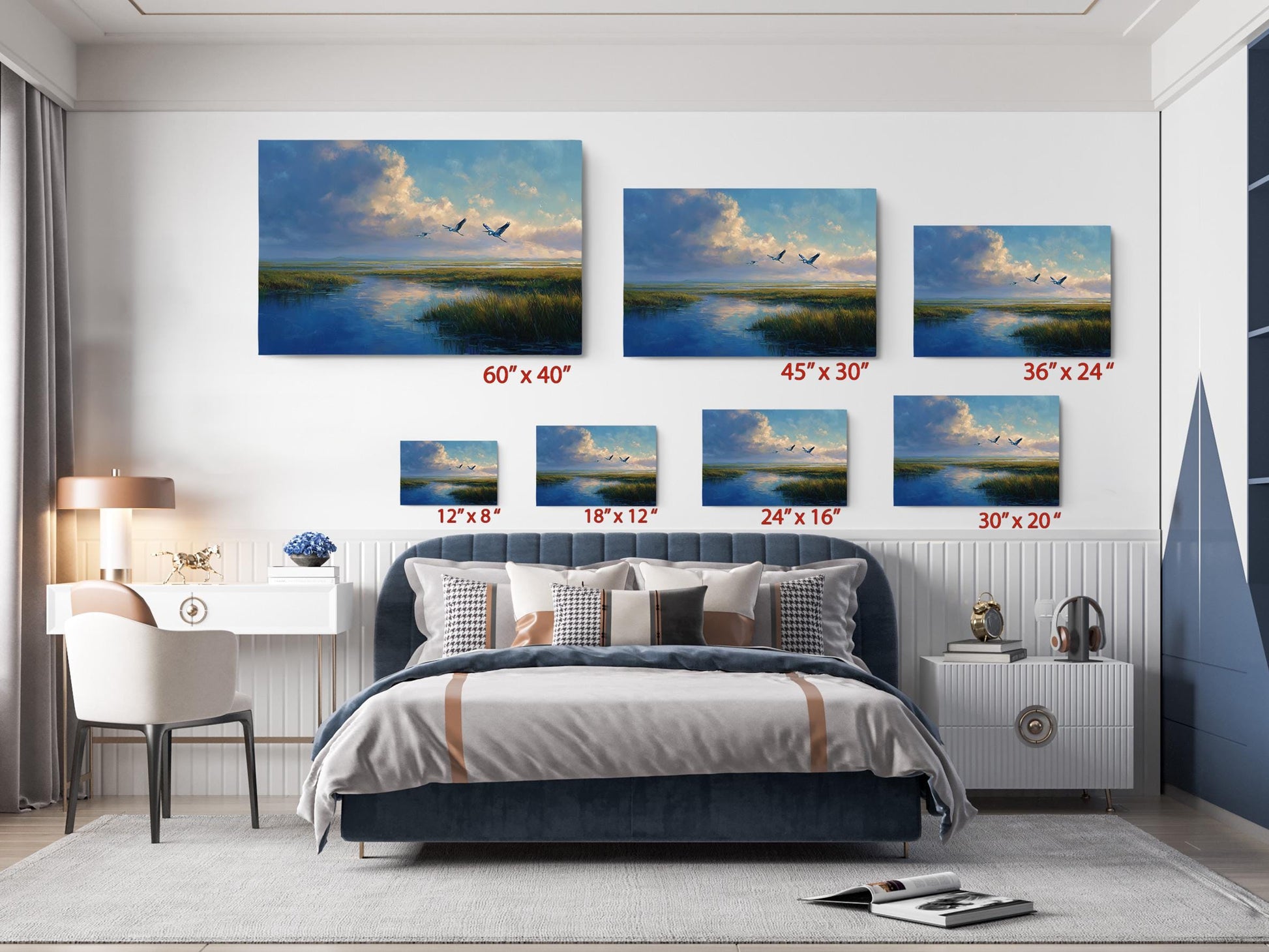 a bedroom with a large bed, a desk, and a chair. Above the bed, there are six framed landscape paintings of varying sizes, each depicting a different scene. The paintings are arranged in a grid-like pattern on the wall, with each painting having a different size and orientation.