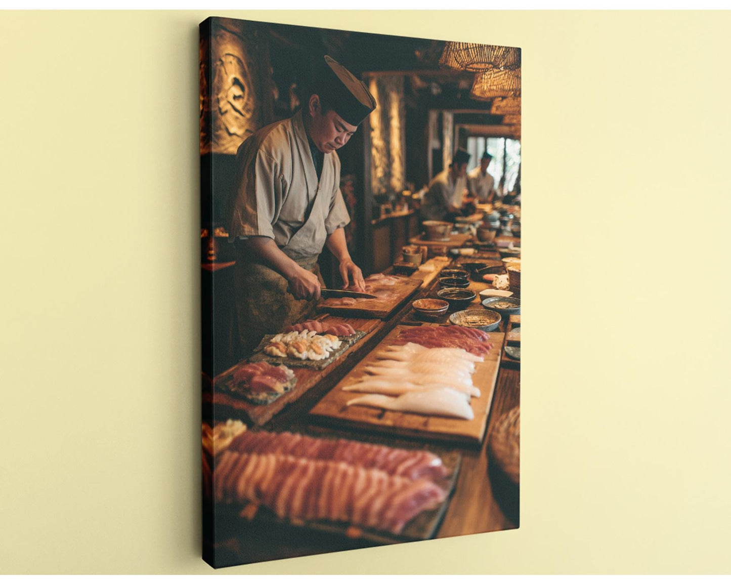 A chef is preparing food at a restaurant, with various ingredients and dishes laid out on the counter.