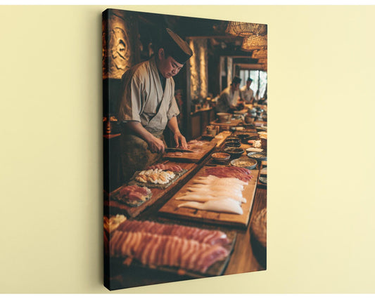 A chef is preparing food at a restaurant, with various ingredients and dishes laid out on the counter.