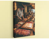 A chef is preparing food at a restaurant, with various ingredients and dishes laid out on the counter.
